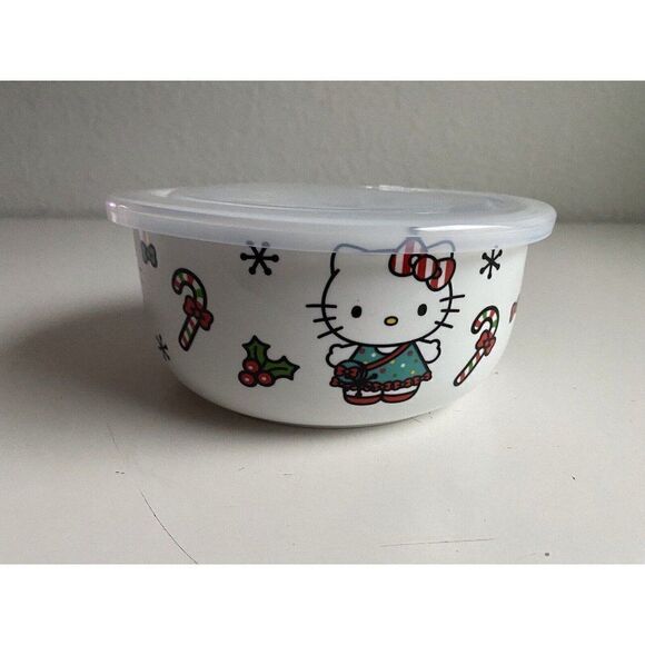 Hello Kitty Christmas Pressure Lid Ceramic Food Storage Bowl Container Large NEW - Picture 5 of 11